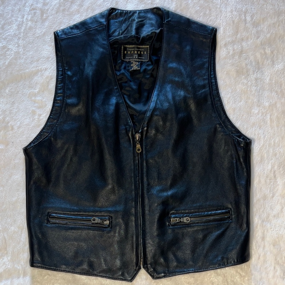 Express Black Leather Vest - Men's Zipper Front
